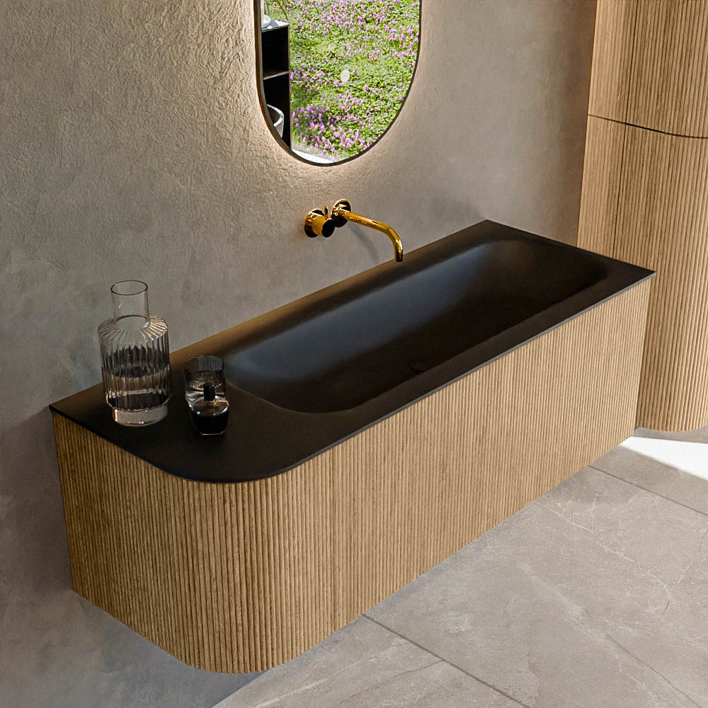 MONDIAZ KURVE 125cm badmeubel ronding Links kleur Oak met 1 lade en 1 deur. Wastafel BIG MEDIUM Rechts zonder kraangat Urban.