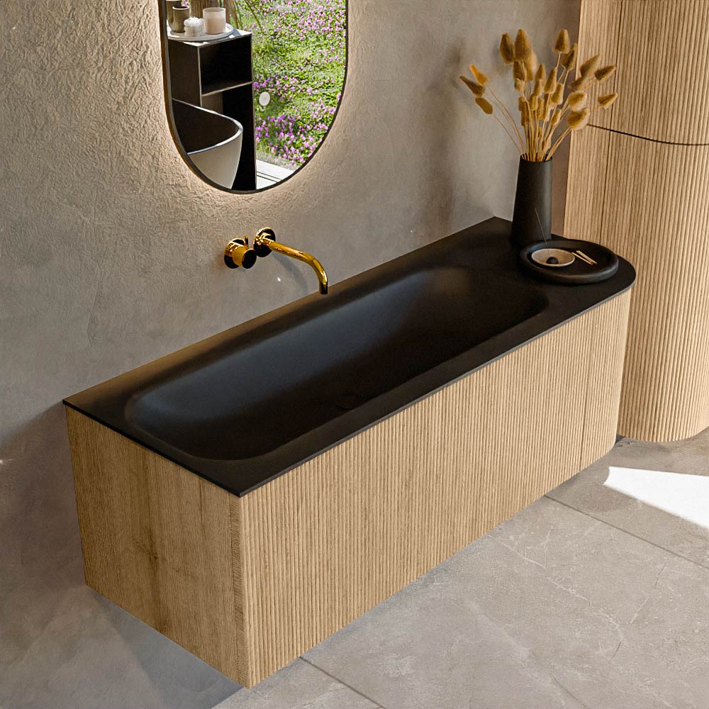 MONDIAZ KURVE 125cm badmeubel ronding Rechts kleur Oak met 1 lade en 1 deur. Wastafel BIG MEDIUM Links zonder kraangat Urban.
