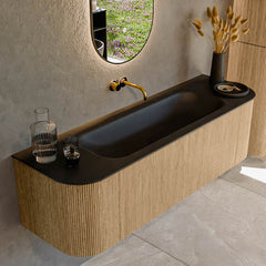 MONDIAZ KURVE 150cm badmeubel ronding Links + Rechts kleur Oak met 1 lade en 2 deuren. Wastafel BIG MEDIUM Midden zonder kraangat Urban.