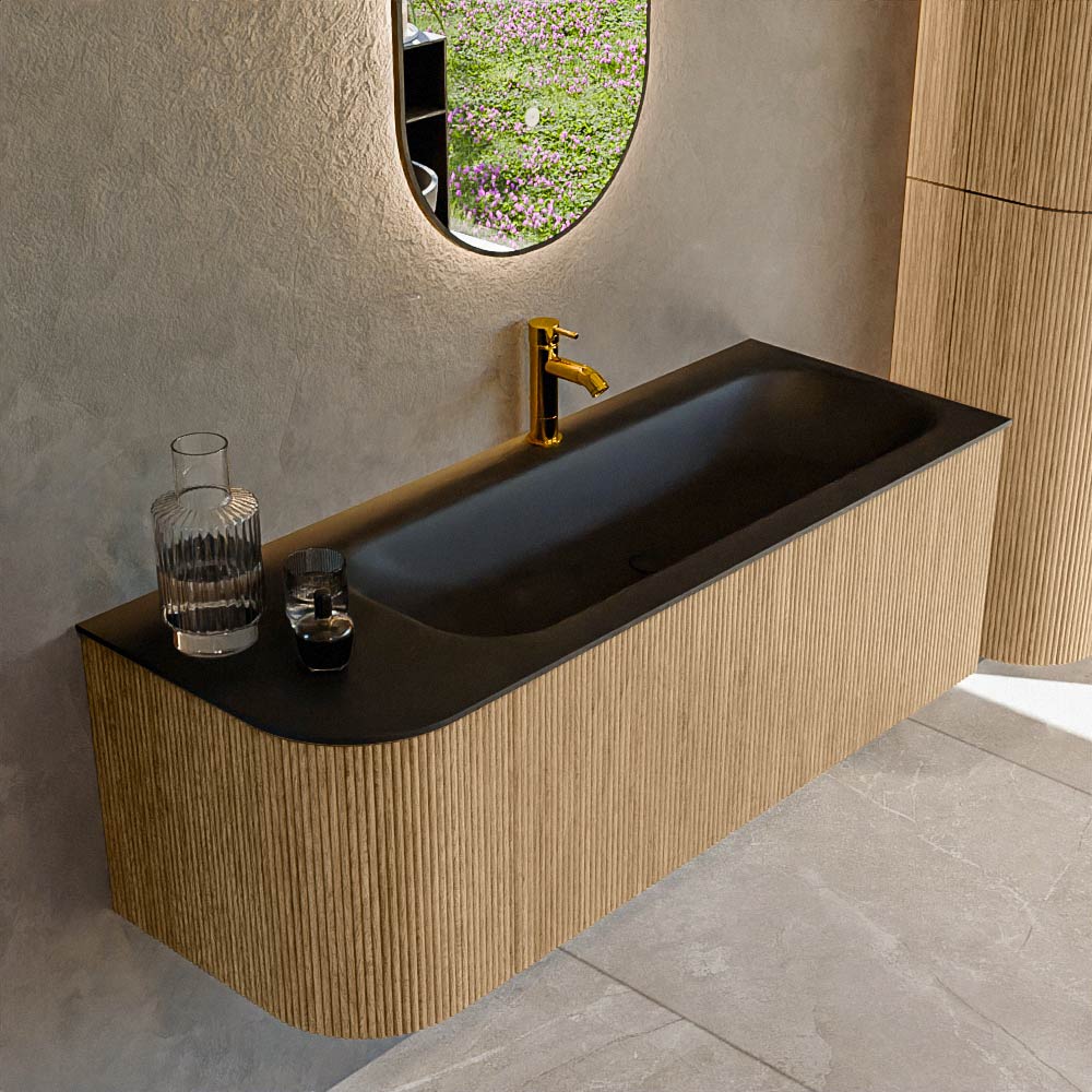 MONDIAZ KURVE 125cm badmeubel ronding Links kleur Oak met 1 lade en 1 deur. Wastafel BIG MEDIUM Rechts 1 kraangat Urban.