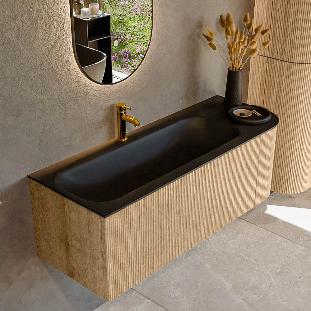 MONDIAZ KURVE 125cm badmeubel ronding Rechts kleur Oak met 1 lade en 1 deur. Wastafel BIG MEDIUM Links 1 kraangat Urban.