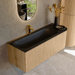MONDIAZ KURVE 125cm badmeubel ronding Rechts kleur Oak met 1 lade en 1 deur. Wastafel BIG MEDIUM Links 1 kraangat Urban.