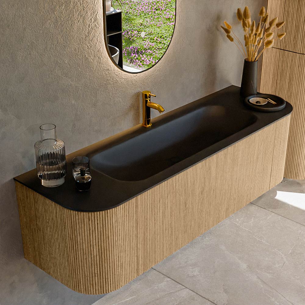 MONDIAZ KURVE 150cm badmeubel ronding Links + Rechts kleur Oak met 1 lade en 2 deuren. Wastafel BIG MEDIUM Midden 1 kraangat Urban.