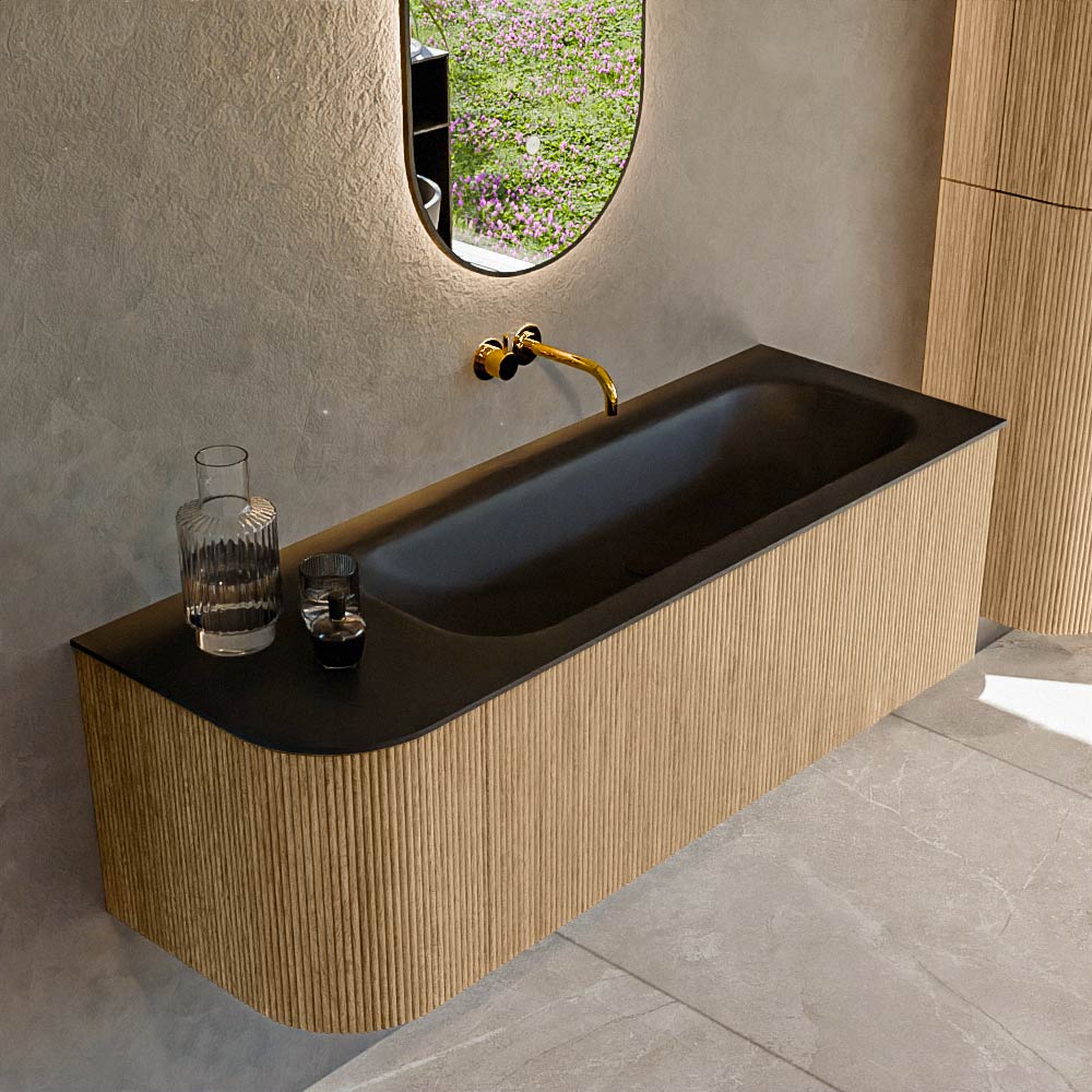 MONDIAZ KURVE 135cm badmeubel ronding Links kleur Oak met 1 lade en 1 deur. Wastafel BIG MEDIUM Rechts zonder kraangat Urban.