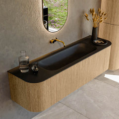 MONDIAZ KURVE 160cm badmeubel ronding Links + Rechts kleur Oak met 1 lade en 2 deuren. Wastafel BIG MEDIUM Midden zonder kraangat Urban.