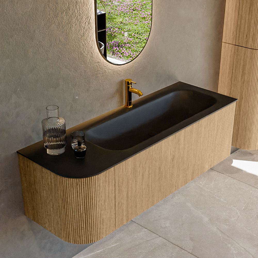 MONDIAZ KURVE 135cm badmeubel ronding Links kleur Oak met 1 lade en 1 deur. Wastafel BIG MEDIUM Rechts 1 kraangat Urban.