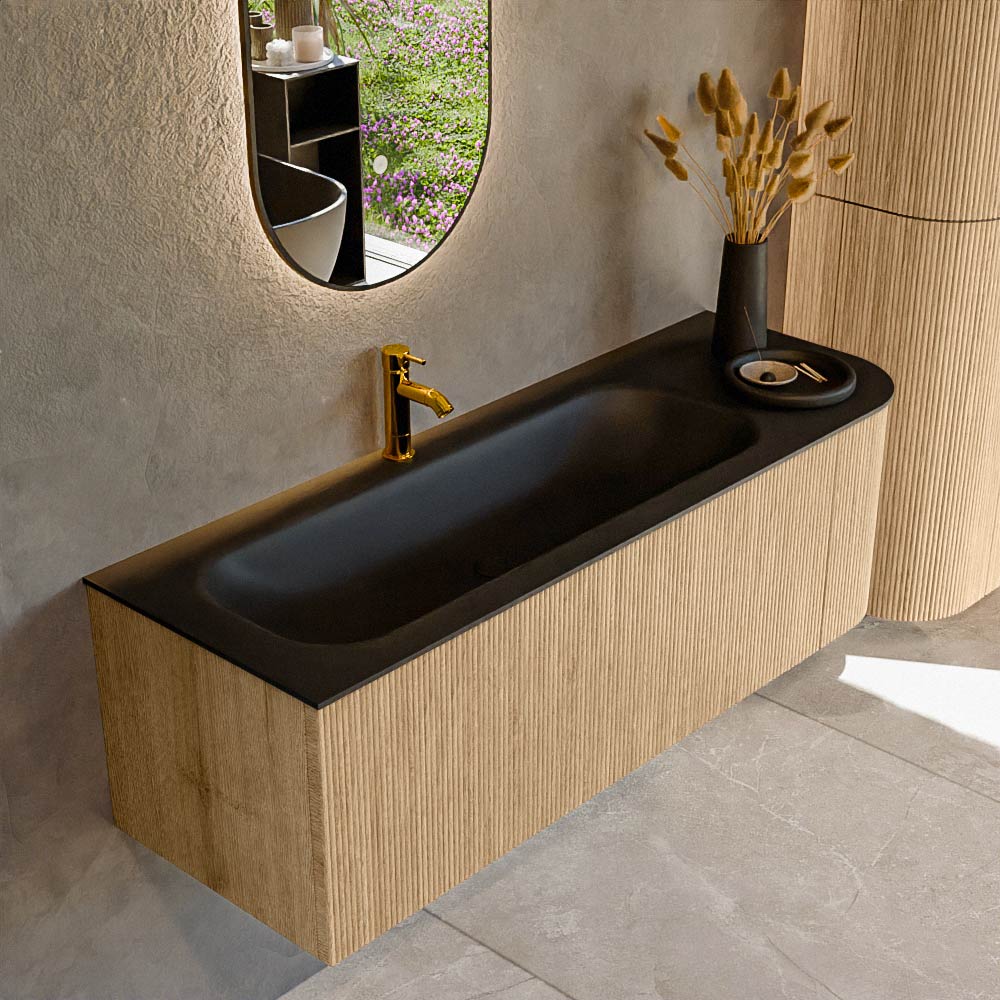 MONDIAZ KURVE 135cm badmeubel ronding Rechts kleur Oak met 1 lade en 1 deur. Wastafel BIG MEDIUM Links 1 kraangat Urban.