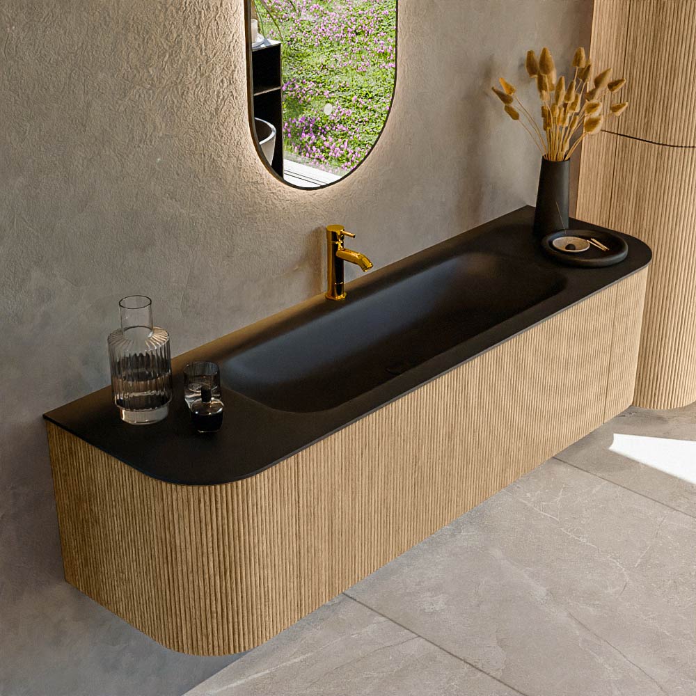 MONDIAZ KURVE 160cm badmeubel ronding Links + Rechts kleur Oak met 1 lade en 2 deuren. Wastafel BIG MEDIUM Midden 1 kraangat Urban.