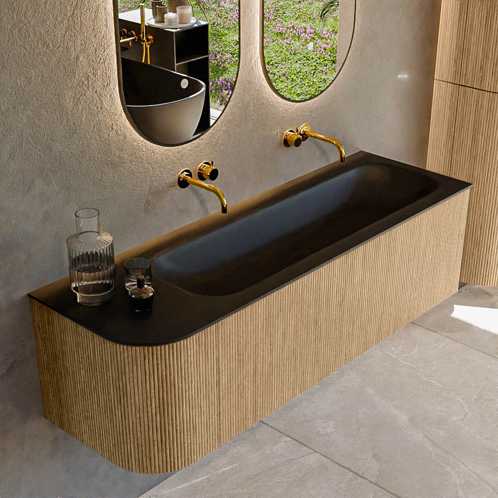 MONDIAZ KURVE 145cm badmeubel ronding Links kleur Oak met 1 lade en 1 deur. Wastafel BIG LARGE Rechts zonder kraangat Urban.