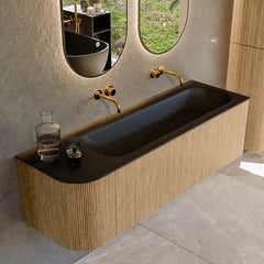 MONDIAZ KURVE 145cm badmeubel ronding Links kleur Oak met 1 lade en 1 deur. Wastafel BIG LARGE Rechts zonder kraangat Urban.