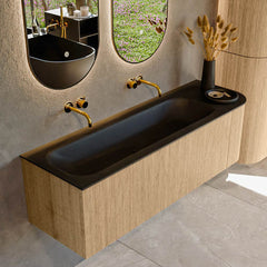 MONDIAZ KURVE 145cm badmeubel ronding Rechts kleur Oak met 1 lade en 1 deur. Wastafel BIG LARGE Links zonder kraangat Urban.