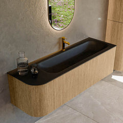 MONDIAZ KURVE 145cm badmeubel ronding Links kleur Oak met 1 lade en 1 deur. Wastafel BIG LARGE Rechts 1 kraangat Urban.