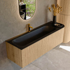 MONDIAZ KURVE 145cm badmeubel ronding Rechts kleur Oak met 1 lade en 1 deur. Wastafel BIG LARGE Links 1 kraangat Urban.