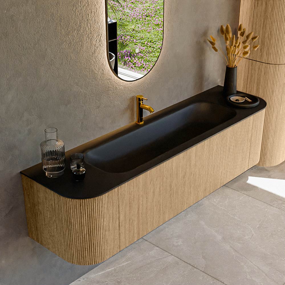 MONDIAZ KURVE 170cm badmeubel ronding Links + Rechts kleur Oak met 1 lade en 2 deuren. Wastafel BIG LARGE Midden 1 kraangat Urban.