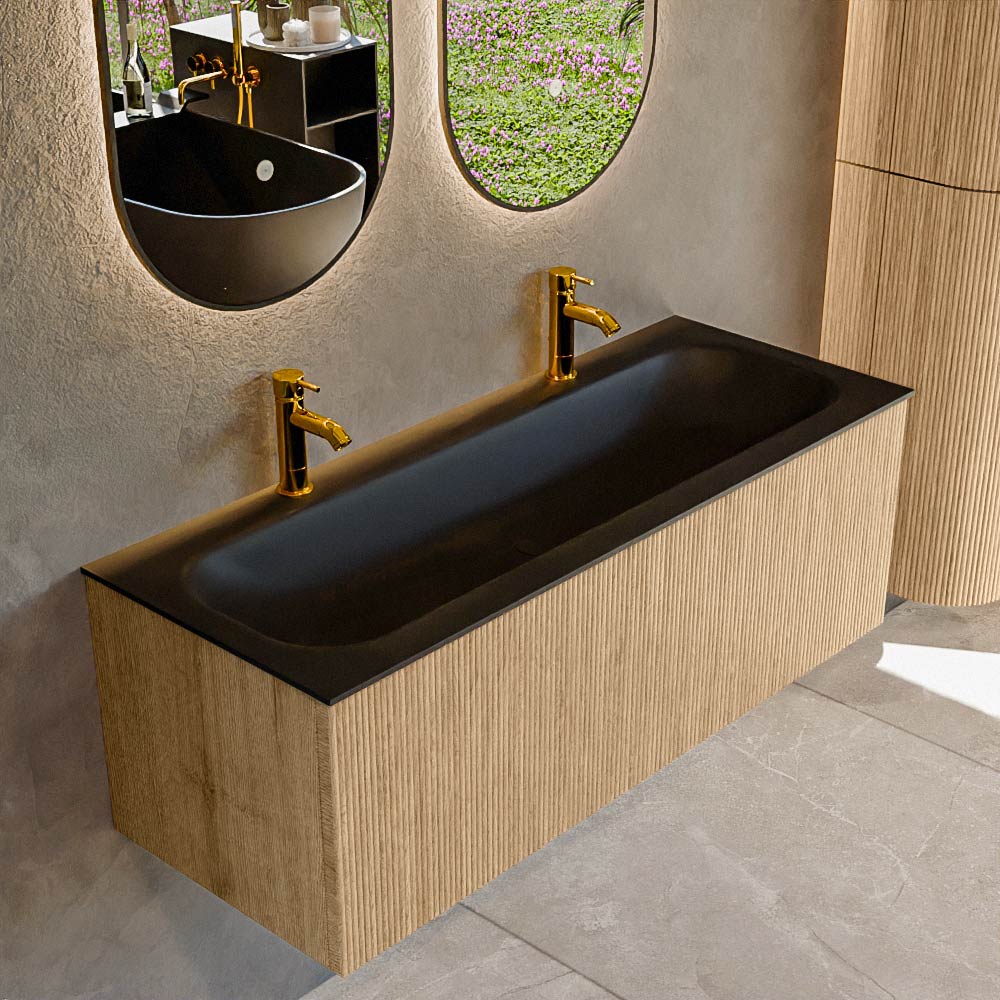 MONDIAZ KURVE 120cm badmeubel kleur Oak met 1 lade en 0 deuren. Wastafel BIG LARGE Midden 2 kraangaten Urban.