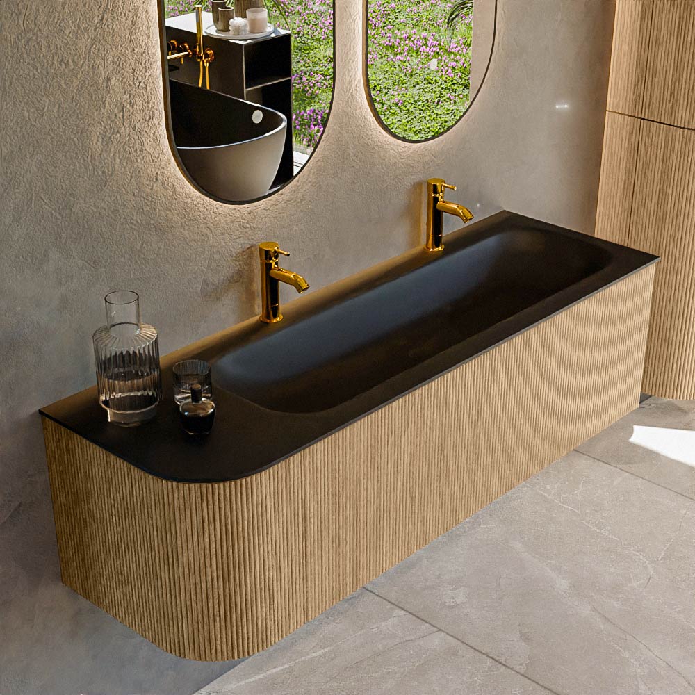 MONDIAZ KURVE 145cm badmeubel ronding Links kleur Oak met 1 lade en 1 deur. Wastafel BIG LARGE Rechts 2 kraangaten Urban.