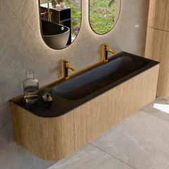 MONDIAZ KURVE 145cm badmeubel ronding Links kleur Oak met 1 lade en 1 deur. Wastafel BIG LARGE Rechts 2 kraangaten Urban.