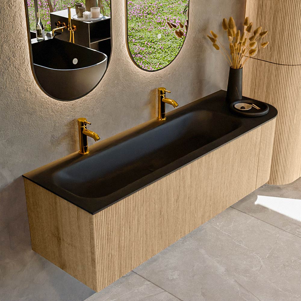 MONDIAZ KURVE 145cm badmeubel ronding Rechts kleur Oak met 1 lade en 1 deur. Wastafel BIG LARGE Links 2 kraangaten Urban.