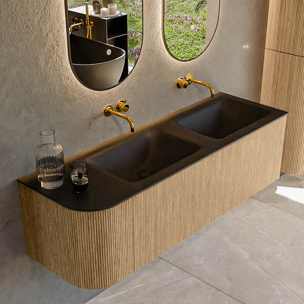 MONDIAZ KURVE 145cm badmeubel ronding Links kleur Oak met 1 lade en 1 deur. Wastafel CLOUD Dubbel / Rechts zonder kraangat Urban.