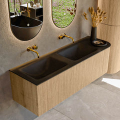 MONDIAZ KURVE 145cm badmeubel ronding Rechts kleur Oak met 1 lade en 1 deur. Wastafel CLOUD Dubbel / Links zonder kraangat Urban.