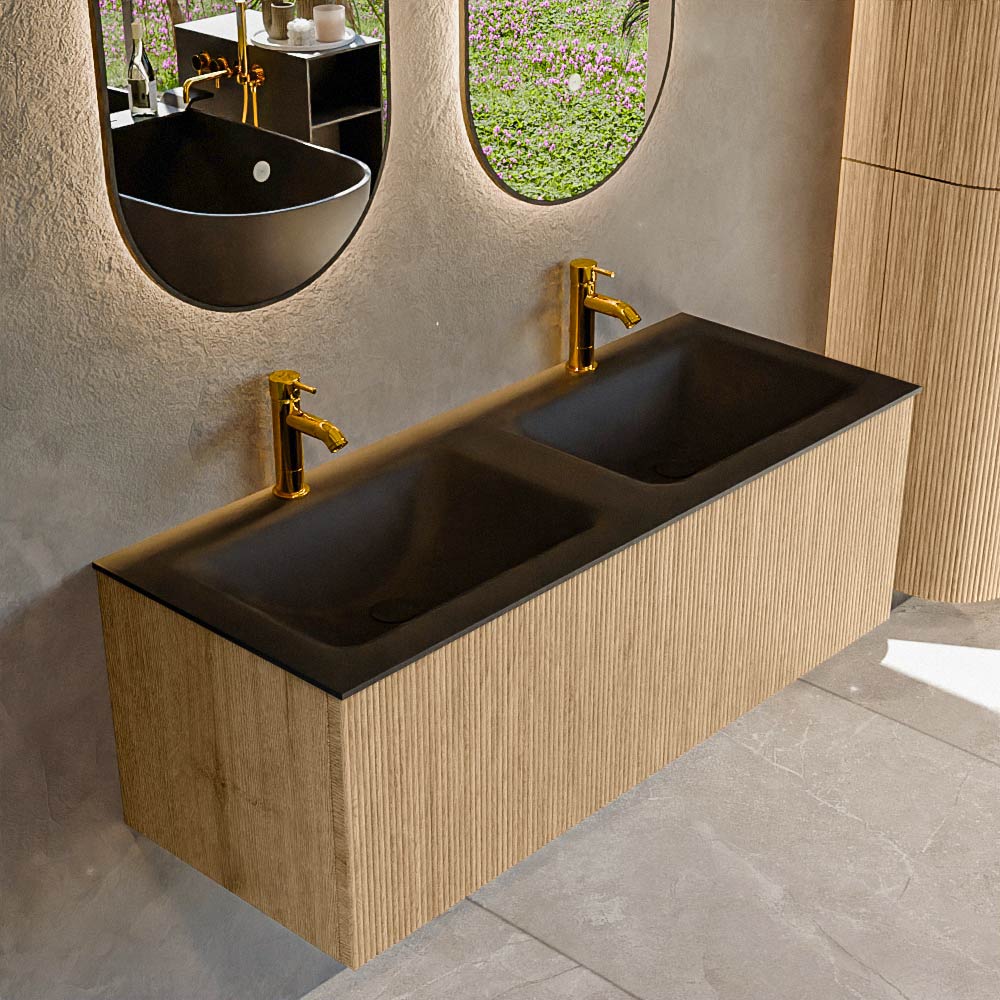 MONDIAZ KURVE 120cm badmeubel kleur Oak met 1 lade en 0 deuren. Wastafel CLOUD Dubbel 2 kraangaten Urban.