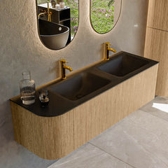 MONDIAZ KURVE 145cm badmeubel ronding Links kleur Oak met 1 lade en 1 deur. Wastafel CLOUD Dubbel / Rechts 2 kraangaten Urban.