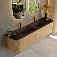MONDIAZ KURVE 170cm badmeubel ronding Links + Rechts kleur Oak met 1 lade en 2 deuren. Wastafel CLOUD Dubbel 2 kraangaten Urban.