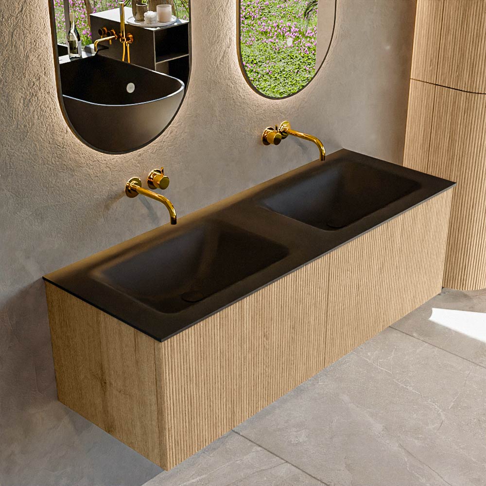 MONDIAZ KURVE 130cm badmeubel kleur Oak met 2 lades en 0 deuren. Wastafel CLOUD Dubbel zonder kraangat Urban.