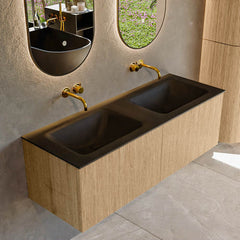 MONDIAZ KURVE 130cm badmeubel kleur Oak met 2 lades en 0 deuren. Wastafel CLOUD Dubbel zonder kraangat Urban.