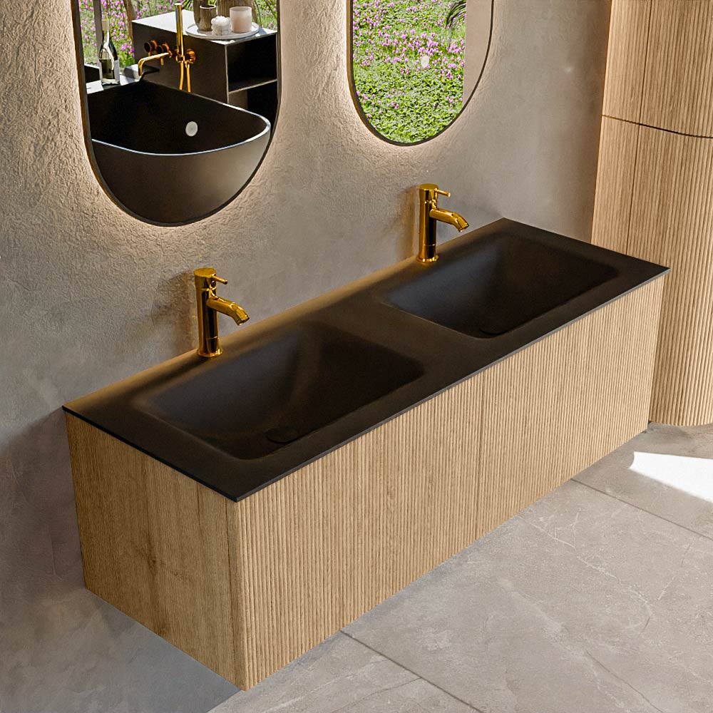 MONDIAZ KURVE 130cm badmeubel kleur Oak met 2 lades en 0 deuren. Wastafel CLOUD Dubbel 2 kraangaten Urban.