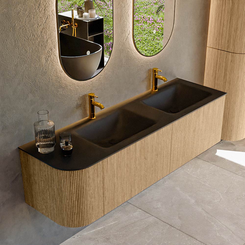 MONDIAZ KURVE 155cm badmeubel ronding Links kleur Oak met 2 lades en 1 deur. Wastafel CLOUD Dubbel / Rechts 2 kraangaten Urban.