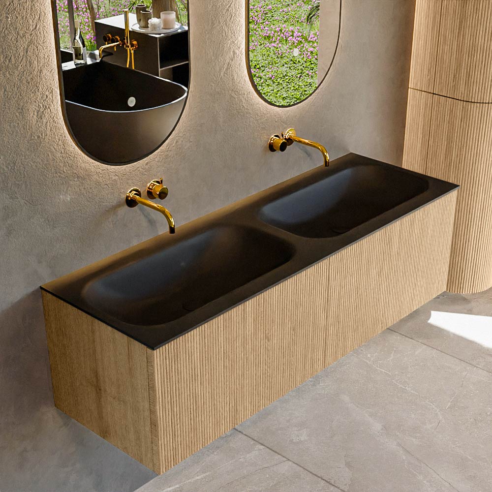 MONDIAZ KURVE 140cm badmeubel kleur Oak met 2 lades en 0 deuren. Wastafel BIG SMALL Dubbel zonder kraangat Urban.
