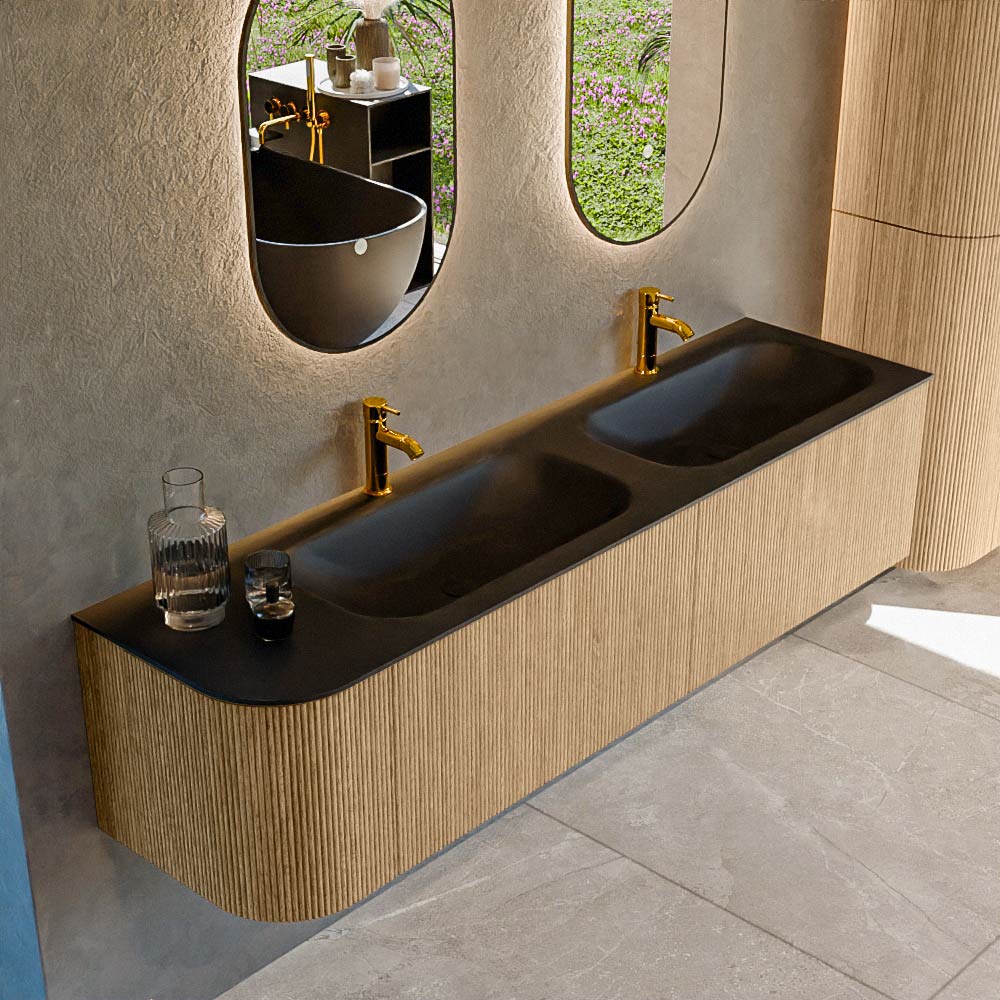 MONDIAZ KURVE 175cm badmeubel ronding Links kleur Oak met 2 lades en 1 deur. Wastafel BIG SMALL Dubbel / Rechts 2 kraangaten Urban.