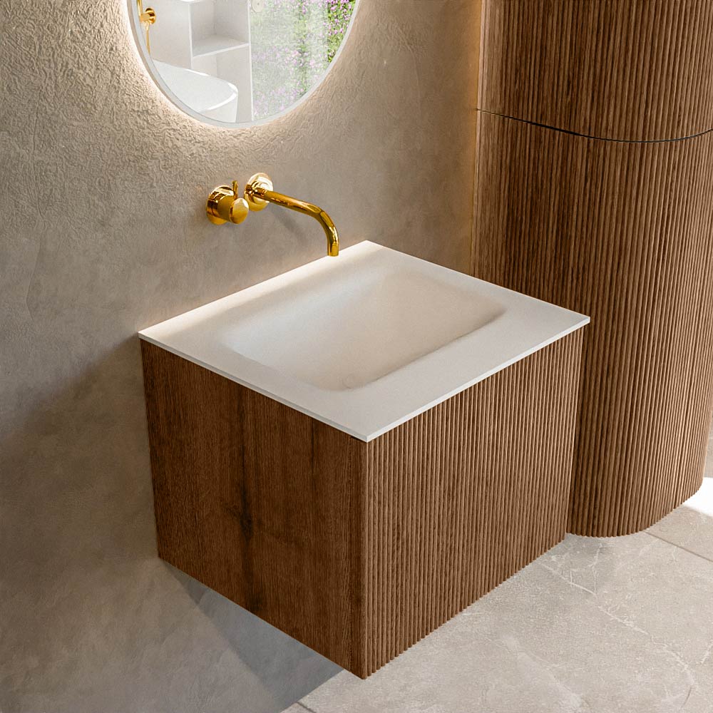 MONDIAZ KURVE 50cm badmeubel kleur Walnut met 1 lade en 0 deuren. Wastafel GRUNNE Midden zonder kraangat Talc.