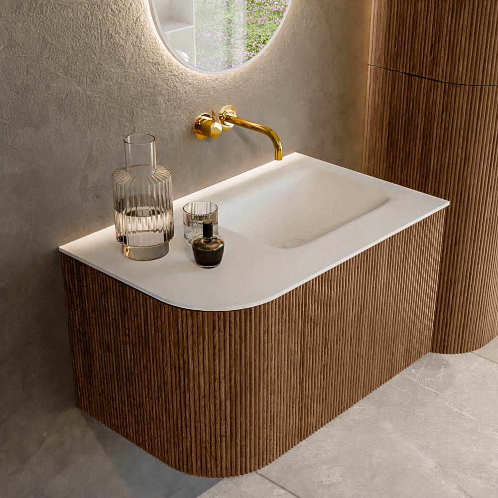 MONDIAZ KURVE 75cm badmeubel ronding Links kleur Walnut met 1 lade en 1 deur. Wastafel GRUNNE Rechts zonder kraangat Talc.