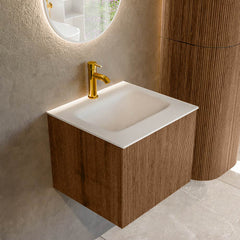 MONDIAZ KURVE 50cm badmeubel kleur Walnut met 1 lade en 0 deuren. Wastafel GRUNNE Midden 1 kraangat Talc.