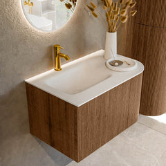MONDIAZ KURVE 75cm badmeubel ronding Rechts kleur Walnut met 1 lade en 1 deur. Wastafel GRUNNE Links 1 kraangat Talc.