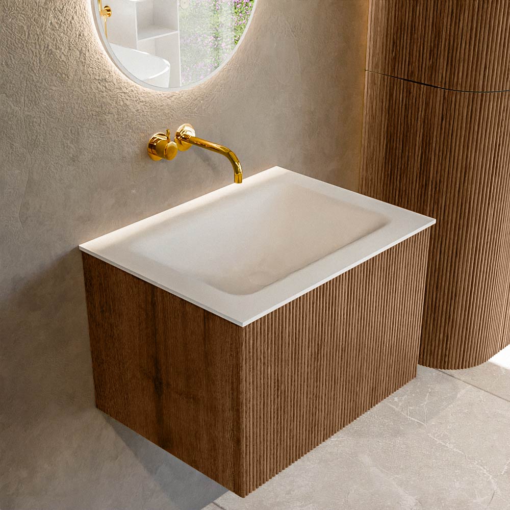 MONDIAZ KURVE 60cm badmeubel kleur Walnut met 1 lade en 0 deuren. Wastafel CLOUD Midden zonder kraangat Talc.