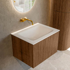 MONDIAZ KURVE 60cm badmeubel kleur Walnut met 1 lade en 0 deuren. Wastafel CLOUD Midden zonder kraangat Talc.