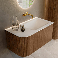 MONDIAZ KURVE 85cm badmeubel ronding Links kleur Walnut met 1 lade en 1 deur. Wastafel CLOUD Rechts zonder kraangat Talc.