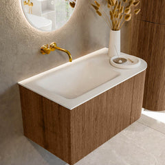MONDIAZ KURVE 85cm badmeubel ronding Rechts kleur Walnut met 1 lade en 1 deur. Wastafel CLOUD Links zonder kraangat Talc.