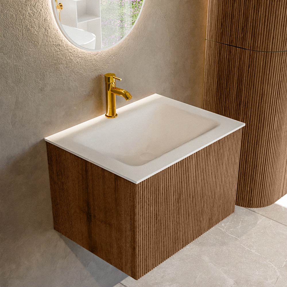 MONDIAZ KURVE 60cm badmeubel kleur Walnut met 1 lade en 0 deuren. Wastafel CLOUD Midden 1 kraangat Talc.