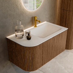 MONDIAZ KURVE 85cm badmeubel ronding Links kleur Walnut met 1 lade en 1 deur. Wastafel CLOUD Rechts 1 kraangat Talc.