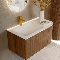 MONDIAZ KURVE 85cm badmeubel ronding Rechts kleur Walnut met 1 lade en 1 deur. Wastafel CLOUD Links 1 kraangat Talc.