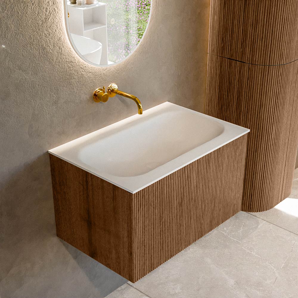 MONDIAZ KURVE 70cm badmeubel kleur Walnut met 1 lade en 0 deuren. Wastafel BIG SMALL Midden zonder kraangat Talc.