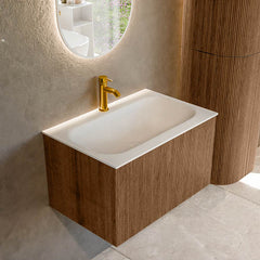 MONDIAZ KURVE 70cm badmeubel kleur Walnut met 1 lade en 0 deuren. Wastafel BIG SMALL Midden 1 kraangat Talc.