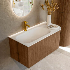 MONDIAZ KURVE 95cm badmeubel ronding Rechts kleur Walnut met 1 lade en 1 deur. Wastafel BIG SMALL Links 1 kraangat Talc.