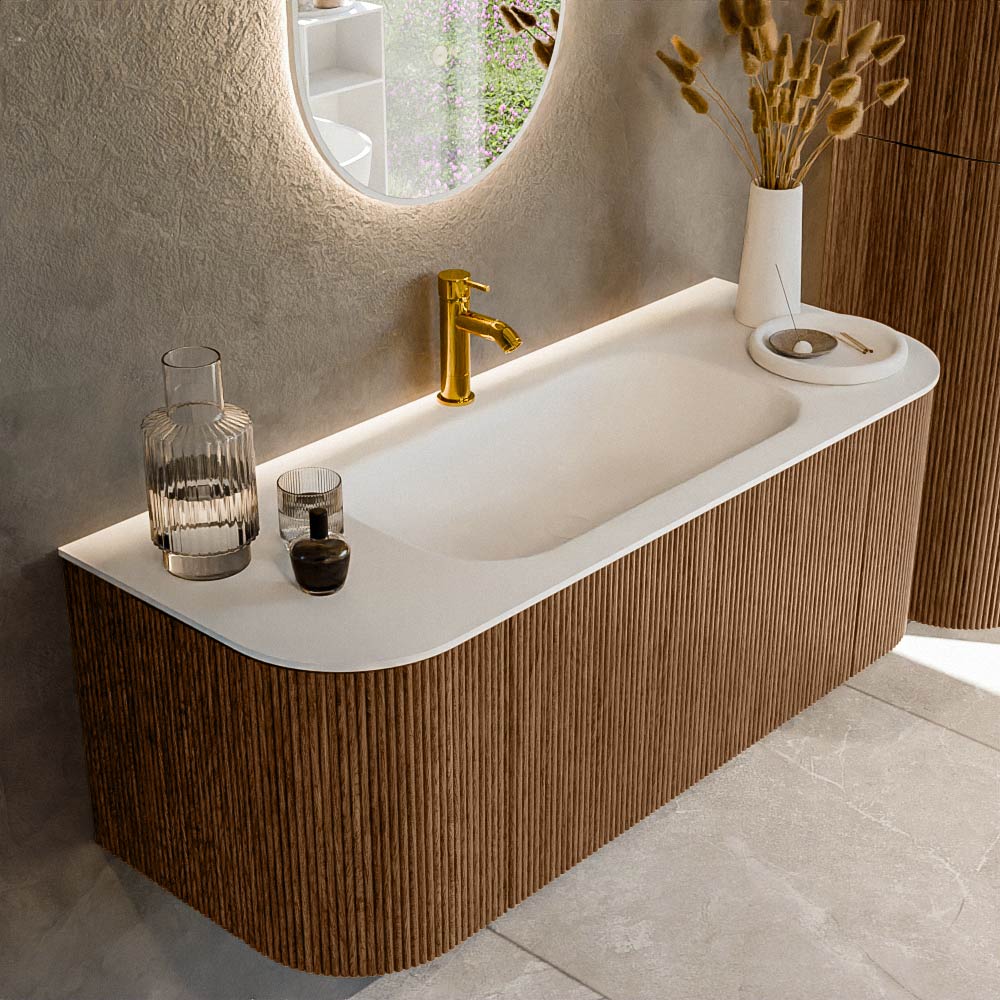 MONDIAZ KURVE 120cm badmeubel ronding Links + Rechts kleur Walnut met 1 lade en 2 deuren. Wastafel BIG SMALL Midden 1 kraangat Talc.