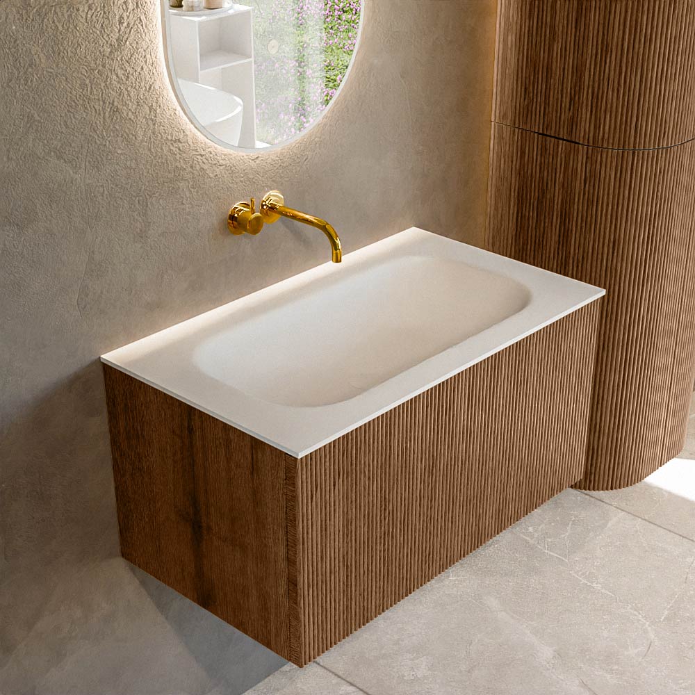MONDIAZ KURVE 80cm badmeubel kleur Walnut met 1 lade en 0 deuren. Wastafel BIG SMALL Midden zonder kraangat Talc.