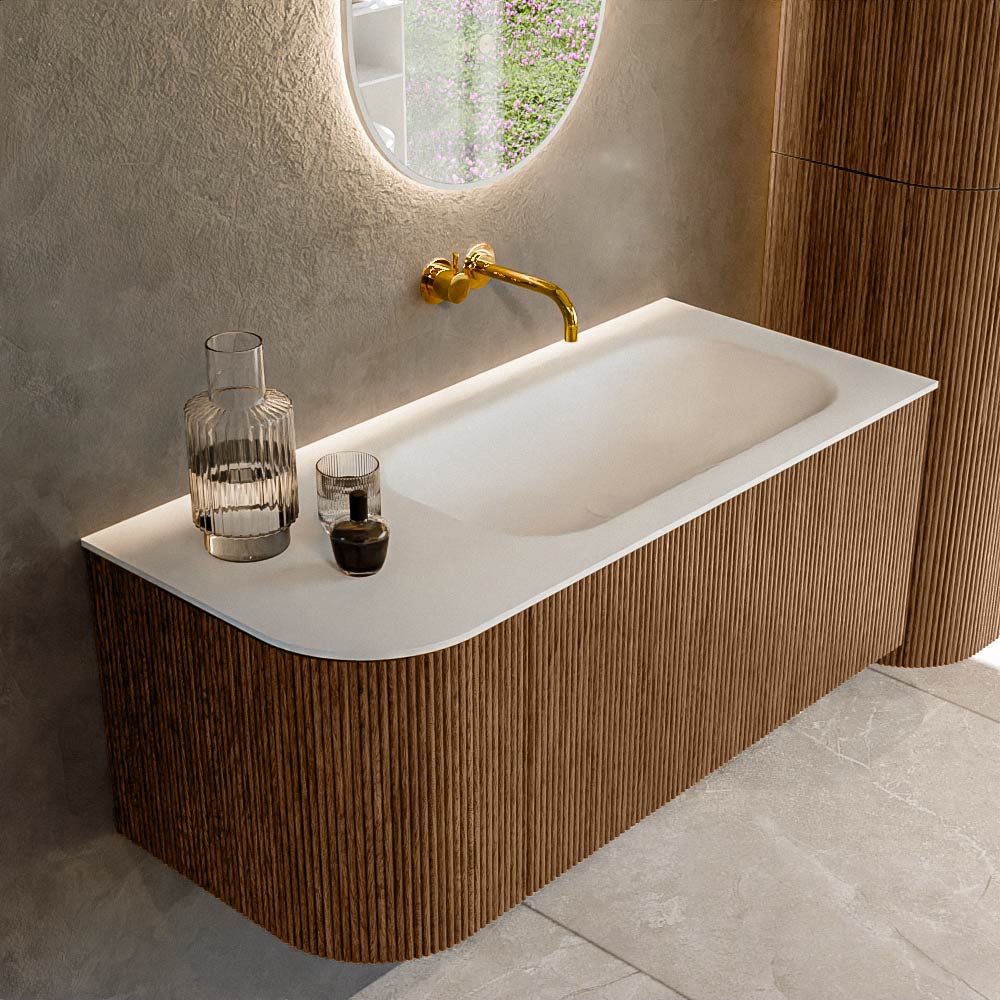 MONDIAZ KURVE 105cm badmeubel ronding Links kleur Walnut met 1 lade en 1 deur. Wastafel BIG SMALL Rechts zonder kraangat Talc.